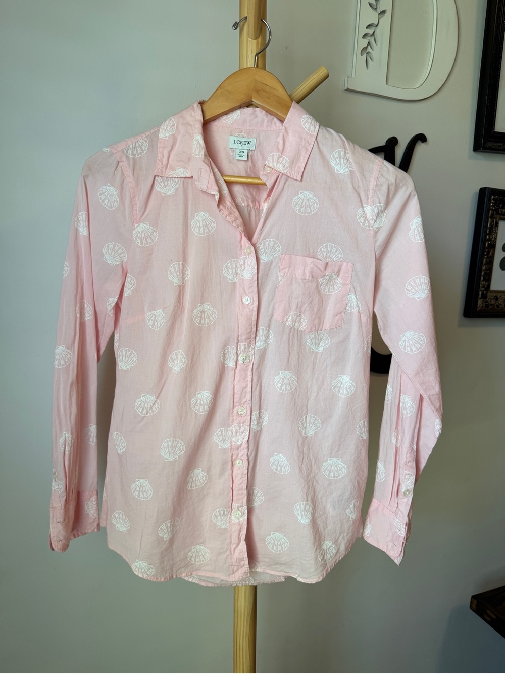 J Crew Pink Cotton Coastal Top Long Sleeve Sea Shells Button Up Shirt